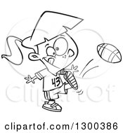 Lineart Clipart Of A Cartoon Black And White Tom Boy Girl Kicking A Football Royalty Free Outline Vector Illustration