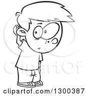 Lineart Clipart Of A Cartoon Black And White Boy Covering His Ear And Listening Royalty Free Outline Vector Illustration by toonaday