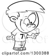 Lineart Clipart Of A Cartoon Happy Black And White Boy With A Bird Perched On His Finger Royalty Free Outline Vector Illustration