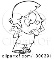 Lineart Clipart Of A Cartoon Black And White Bratty Boy Making A Face Royalty Free Outline Vector Illustration