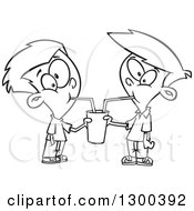 Clipart Of Cartoon Black And White Boys Sharing A Soda Royalty Free Outline Vector Illustration