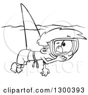 Poster, Art Print Of Cartoon Black And White Mischievous Boy Wearing A Shark Fin And Swimming As A Prank