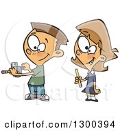 Cartoon White School Girl And Boy Taking Turns At A Pencil Sharpener