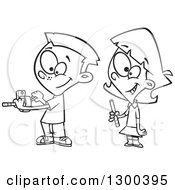 Lineart Clipart Of A Cartoon Black And White School Girl And Boy Taking Turns At A Pencil Sharpener Royalty Free Outline Vector Illustration