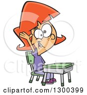 Clipart Of A Cartoon Smart Red Haired White School Girl Raising Her Hand At Her Desk Royalty Free Vector Illustration