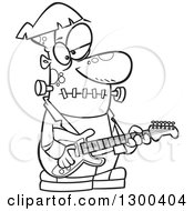 Lineart Clipart Of A Cartoon Black And White Frankenstein Playing A Guitar Royalty Free Outline Vector Illustration by toonaday