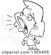 Lineart Clipart Of A Cartoon Black And White Bratty Girl Yelling Or Tattletaling Royalty Free Outline Vector Illustration