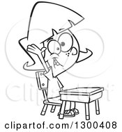 Lineart Clipart Of A Cartoon Black And White Smart School Girl Raising Her Hand At Her Desk Royalty Free Outline Vector Illustration