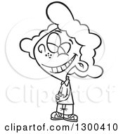 Lineart Clipart Of A Cartoon Black And White Happy Smiling Girl Royalty Free Outline Vector Illustration