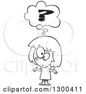 Poster, Art Print Of Cartoon Black And White Confused Girl Shrugging Under A Question Mark