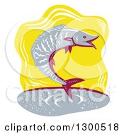 Poster, Art Print Of Retro Woodcut Jumping Wahoo Fish Over Yellow