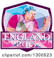 Poster, Art Print Of Retro Low Poly Geometric Rugby Player In A Purple White And Blue Shield With England 2015 Text