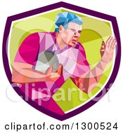 Poster, Art Print Of Retro Low Poly Geometric Rugby Player In A Purple White And Green Shield
