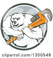 Poster, Art Print Of Retro Cartoon Polar Bear Plumber Mascot Wielding A Monkey Wrench In A Circle