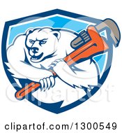 Poster, Art Print Of Cartoon Polar Bear Plumber Mascot Wielding A Monkey Wrench In A Blue And White Shield