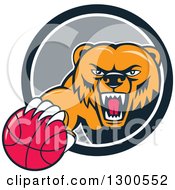 Cartoon Roaring Angry Grizzly Bear With A Basketball Emerging From A Gray And White Circle