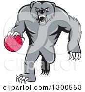 Poster, Art Print Of Cartoon Roaring Angry Grizzly Bear Dribbling A Basketball
