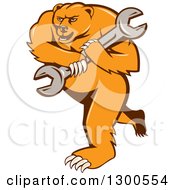Cartoon Roaring Angry Grizzly Bear Mechanic Mascot Carrying A Giant Wrench