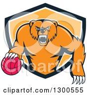 Cartoon Roaring Angry Grizzly Bear With A Basketball Emerging From A Black White And Orange Shield