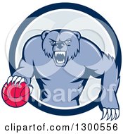 Cartoon Roaring Angry Blue Grizzly Bear With A Basketball Emerging From A Blue And White Circle