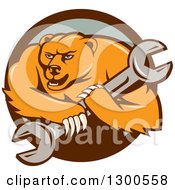 Poster, Art Print Of Cartoon Roaring Angry Grizzly Bear Mechanic Mascot Carrying A Giant Wrench In A Circle