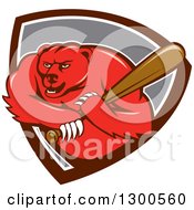 Poster, Art Print Of Cartoon Roaring Angry Grizzly Bear Swinging A Baseball Bat In A Shield
