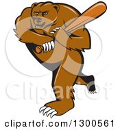 Poster, Art Print Of Cartoon Roaring Angry Grizzly Bear Swinging A Baseball Bat