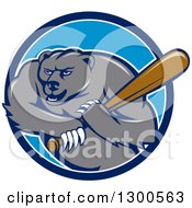 Poster, Art Print Of Cartoon Roaring Angry Grizzly Bear Swinging A Baseball Bat In A Blue And White Circle
