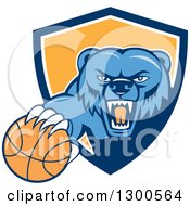 Poster, Art Print Of Cartoon Roaring Angry Blue Grizzly Bear With A Basketball Emerging From A Blue White And Yellow Shield