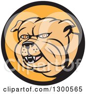 Clipart Of A Cartoon Tough Bulldog In A Black And Orange Circle Royalty Free Vector Illustration