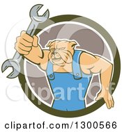 Poster, Art Print Of Cartoon Bulldog Mechanic Holding Out A Wrench And Emerging From A Green White And Taupe Circle