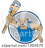 Poster, Art Print Of Cartoon Bulldog Plumber Holding Out A Monkey Wrench And Emerging From A Blue White And Gray Circle