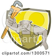 Poster, Art Print Of Cartoon Bulldog Plumber Holding Out A Monkey Wrench And Emerging From A Green White And Yellow Shield