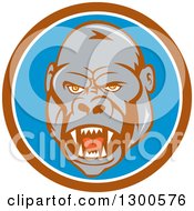 Poster, Art Print Of Cartoon Angry Gorilla Face In A Brown White And Blue Circle