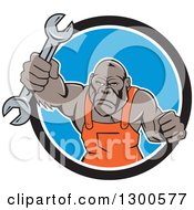 Poster, Art Print Of Cartoon Tough Gorilla Mechanic Man Punching With A Wrench And Emerging From A Black White And Blue Circle