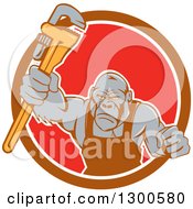 Poster, Art Print Of Cartoon Retro Tough Gorilla Plumber Man Punching With A Monkey Wrench In A Brown White And Red Circle