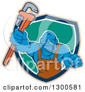 Poster, Art Print Of Cartoon Tough Blue Gorilla Plumber Man Punching With A Monkey Wrench In A Tan Blue White And Turquoise Shield