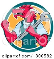 Poster, Art Print Of Cartoon Tough Pink Dragon Mechanic Holding A Wrench And A Fist Up In A Green White And Orange Circle