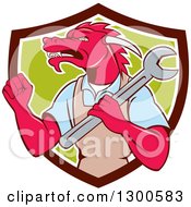 Poster, Art Print Of Cartoon Tough Pink Dragon Mechanic Holding A Wrench And A Fist Up In A Brown White And Green Shield