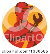 Poster, Art Print Of Retro Red Male Worker Holding A Spanner Wrench In A Yellow Circle