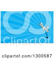 Poster, Art Print Of Cartoon Male Mechanic Holding A Wrench And Blue Rays Background Or Business Card Design