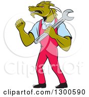 Poster, Art Print Of Cartoon Dragon Man Mechanic Holding A Wrench And Doing A Fist Pump