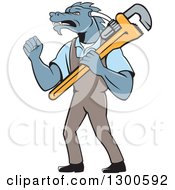 Poster, Art Print Of Cartoon Dragon Man Plumber Holding A Monkey Wrench And Doing A Fist Pump