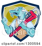 Poster, Art Print Of Cartoon Dragon Man Plumber Holding A Monkey Wrench And Doing A Fist Pump In A Blue White And Green Shield
