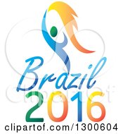 Poster, Art Print Of Blue And Green Athlete With Flames Over Brazil 2016 Text For Summer Games
