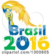 Clipart Of A Male Athlete Hand Holding Up A Torch Over Brasil 2016 Text Royalty Free Vector Illustration by patrimonio