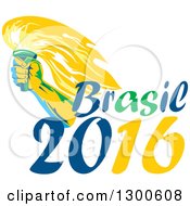 Clipart Of A Male Hand Holding Up A Torch Over Brasil 2016 Text Royalty Free Vector Illustration