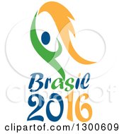 Poster, Art Print Of Green And Blue Abstract Athlete Holding Up A Torch Over Brasil 2016 Text