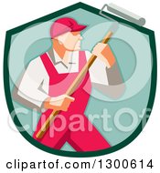 Poster, Art Print Of Retro Male House Painter In Red Overalls Holding A Roller Brush In A Green Shield
