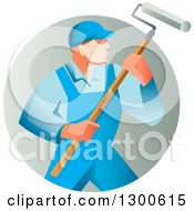 Poster, Art Print Of Retro Male House Painter In Blue Overalls Holding A Roller Brush In A Gradient Circle